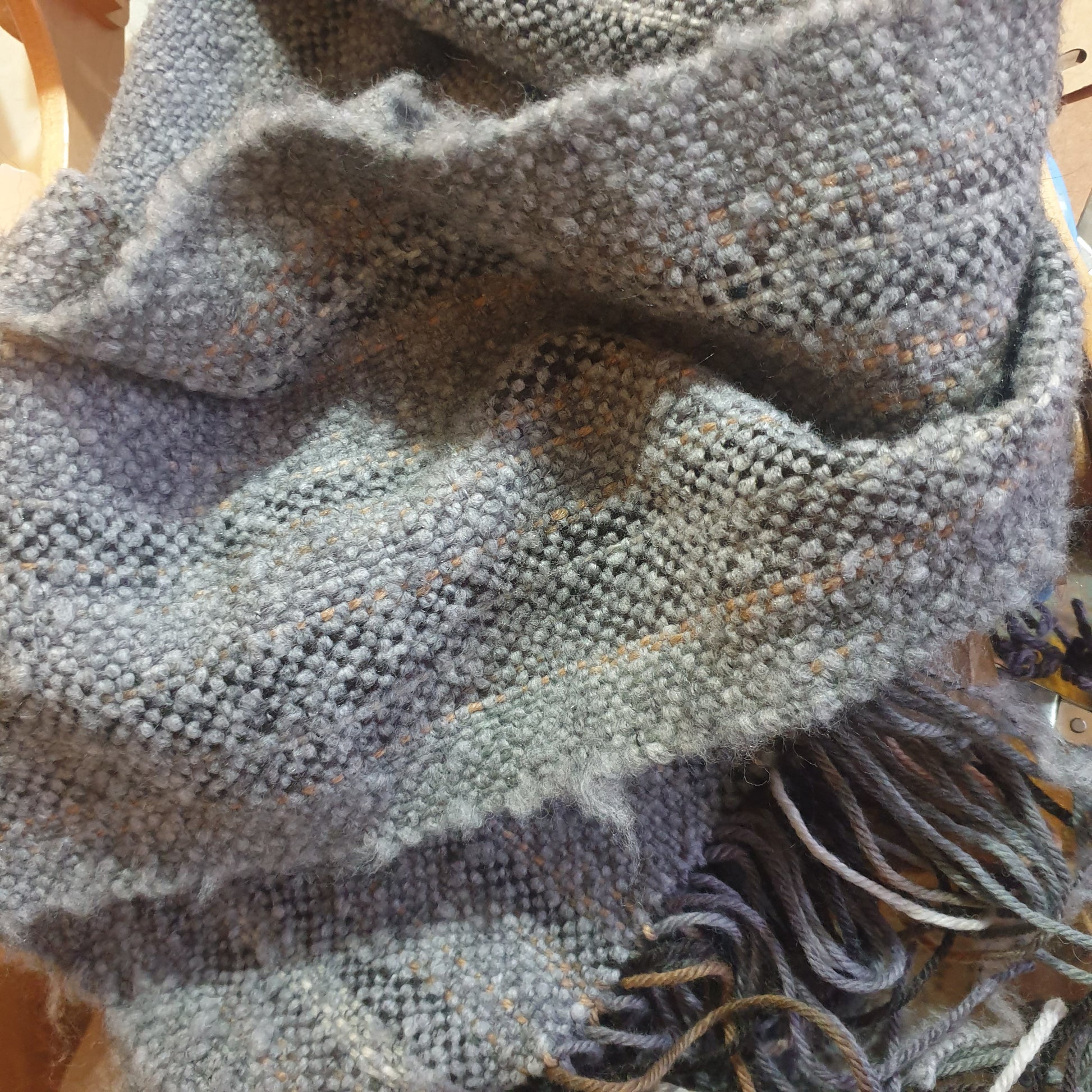 handwoven scarf multicolour warp grey mohair blend weft