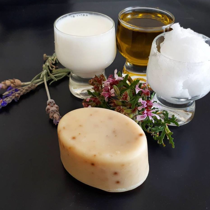 lavender and rose geranium goat milk soap bar
